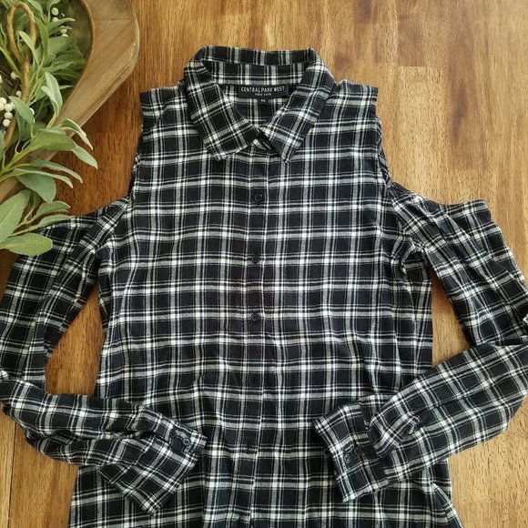 Cold shoulder Black White Flannel Shirt Top - Picture 1 of 7